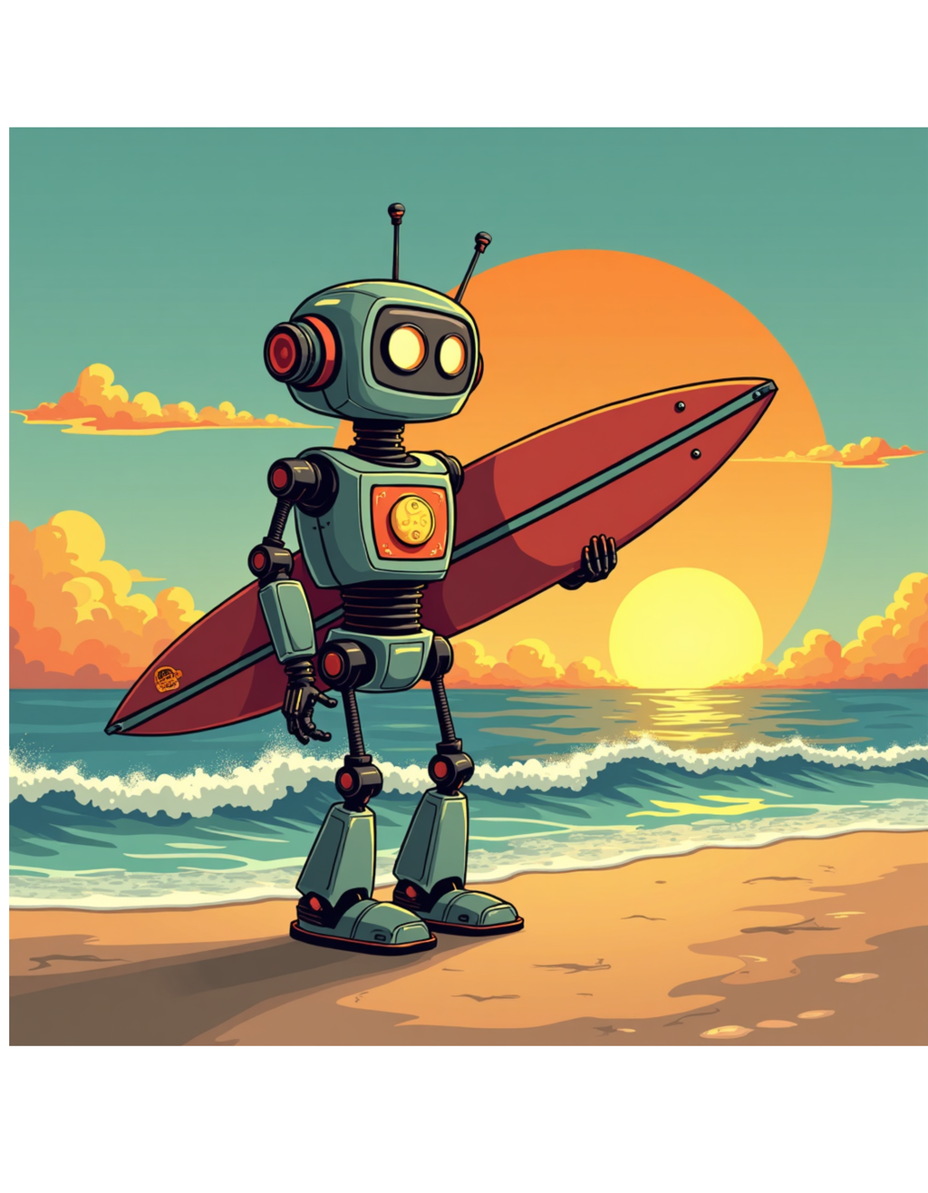 Robot Surfer sunset